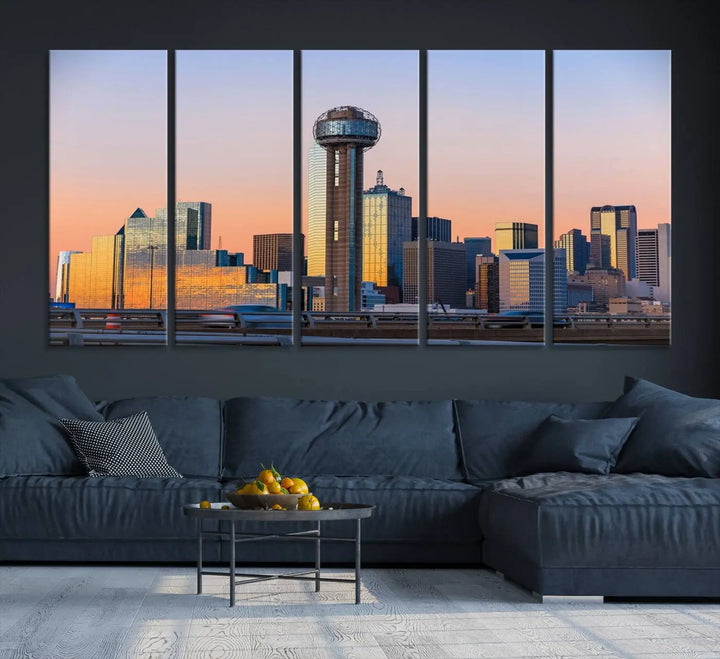 The "Dallas City Lights Sunrise Skyline Cityscape View" wall art canvas print, composed of three panels and crafted on museum-quality canvas with a UV-protective coating, elegantly hangs in a modern living room.