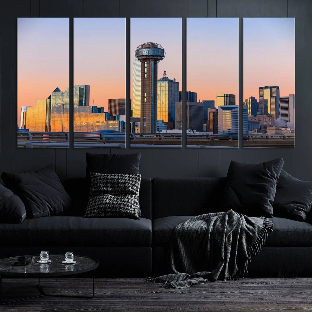 The "Dallas City Lights Sunrise Skyline Cityscape View" wall art canvas print, composed of three panels and crafted on museum-quality canvas with a UV-protective coating, elegantly hangs in a modern living room.