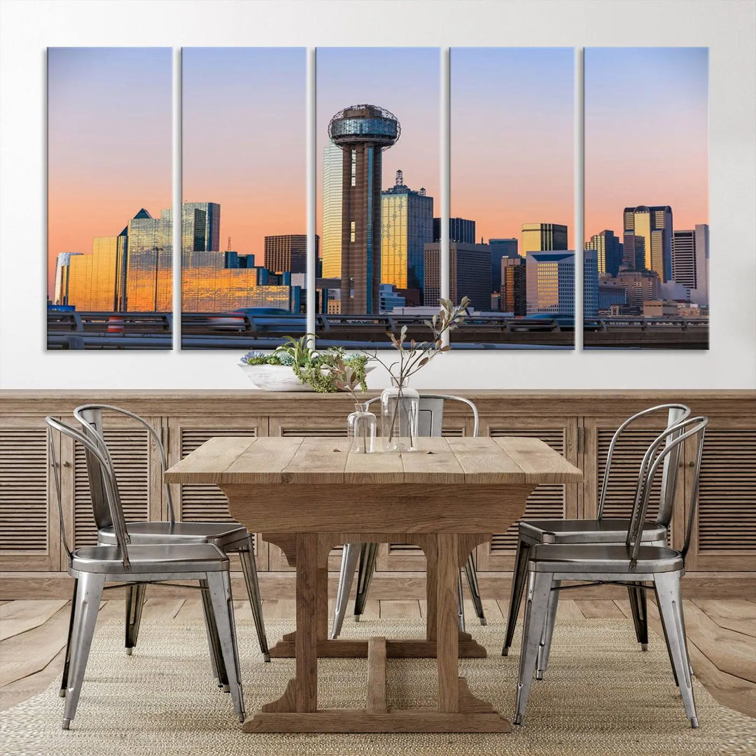 The "Dallas City Lights Sunrise Skyline Cityscape View" wall art canvas print, composed of three panels and crafted on museum-quality canvas with a UV-protective coating, elegantly hangs in a modern living room.