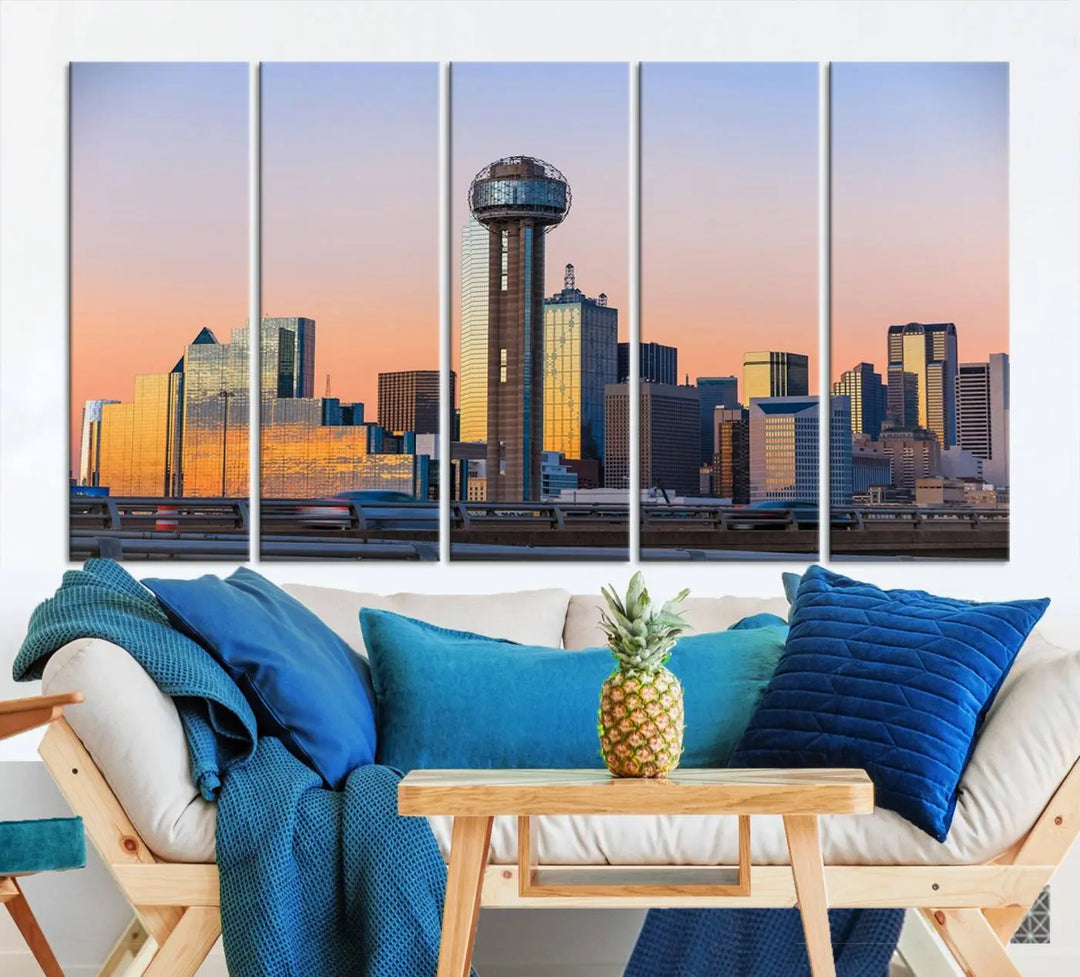 The "Dallas City Lights Sunrise Skyline Cityscape View" wall art canvas print, composed of three panels and crafted on museum-quality canvas with a UV-protective coating, elegantly hangs in a modern living room.