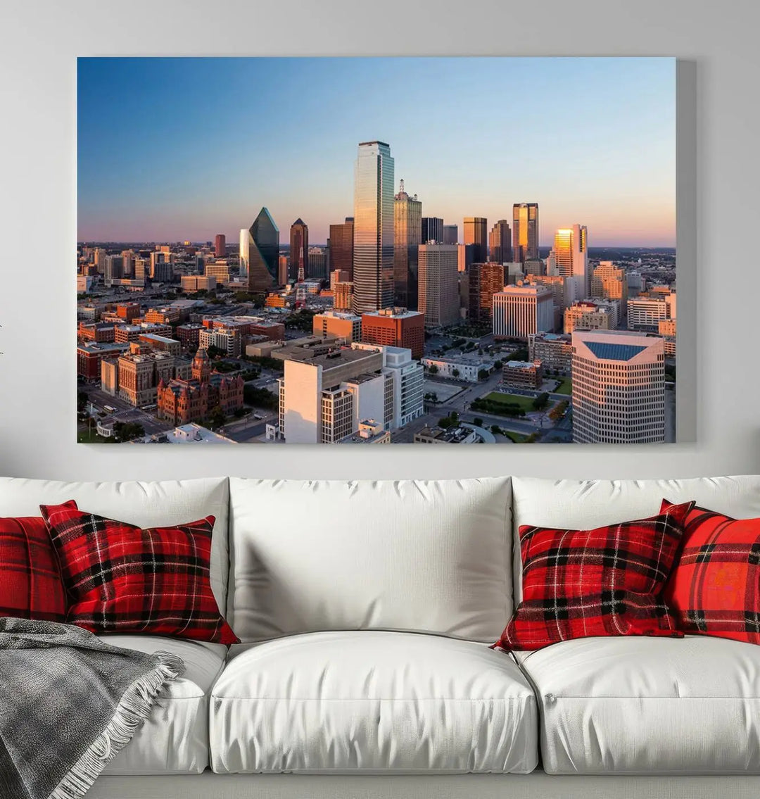 The Dallas City Lights Sunrise Skyline Cityscape View Wall Art Canvas Print enhances a modern living room.