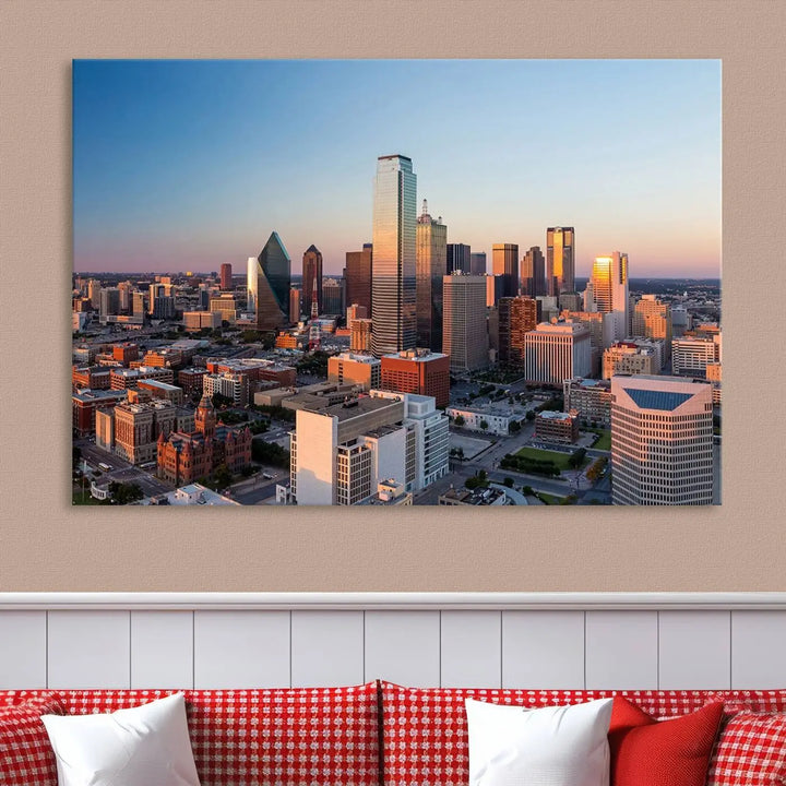 The Dallas City Lights Sunrise Skyline Cityscape View Wall Art Canvas Print enhances a modern living room.