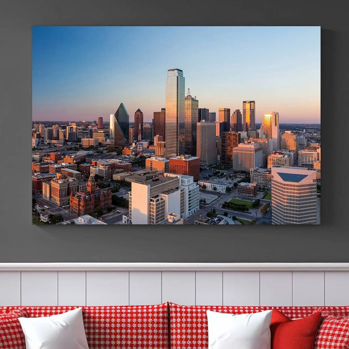 The Dallas City Lights Sunrise Skyline Cityscape View Wall Art Canvas Print enhances a modern living room.