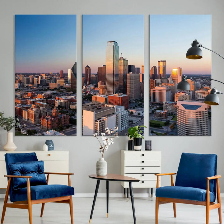 The Dallas City Lights Sunrise Skyline Cityscape View Wall Art Canvas Print enhances a modern living room.