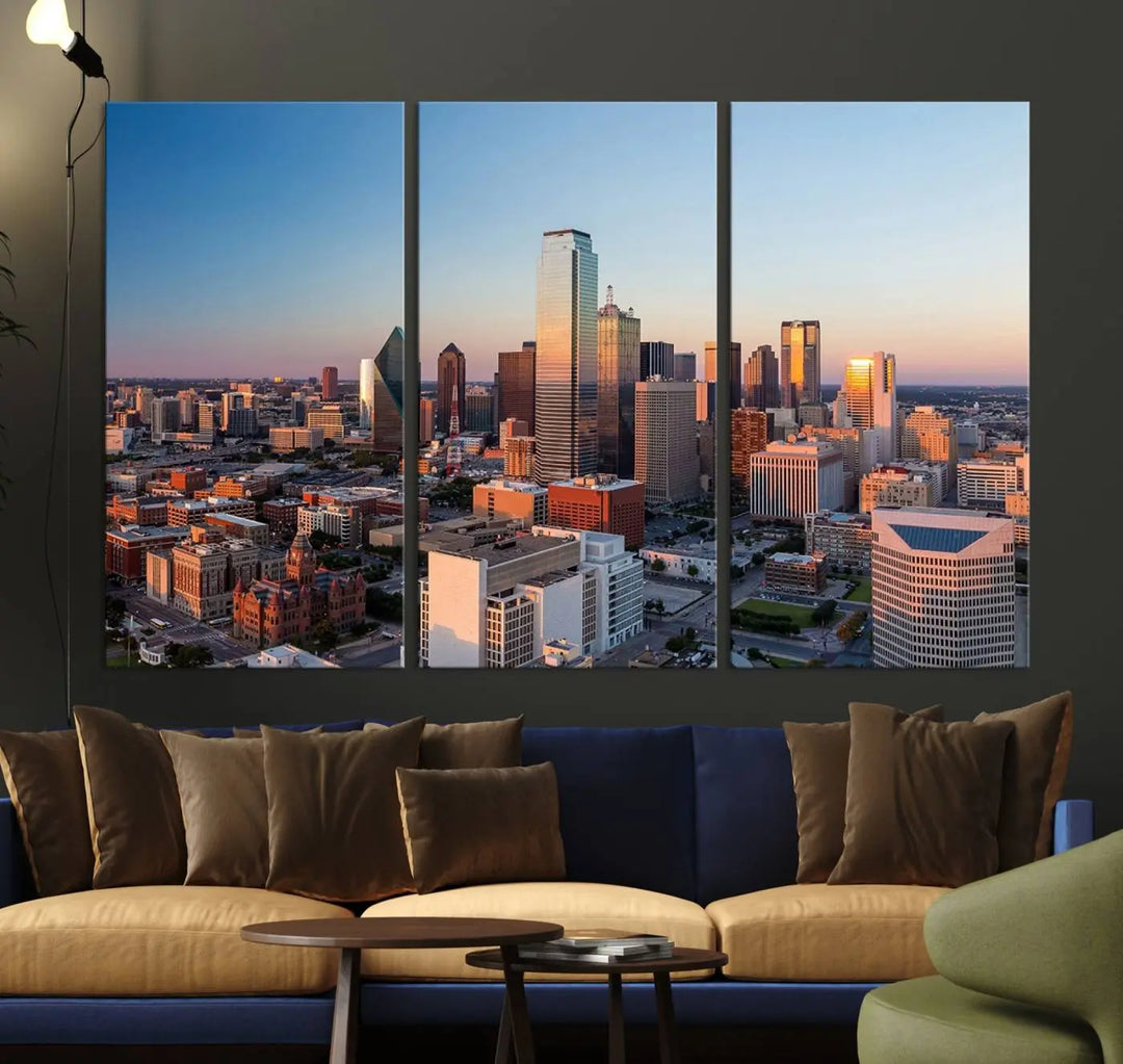 The Dallas City Lights Sunrise Skyline Cityscape View Wall Art Canvas Print enhances a modern living room.