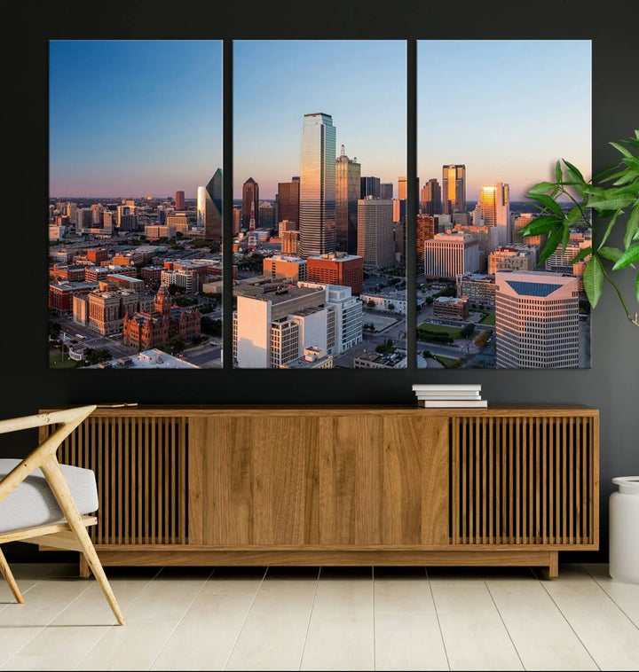 The Dallas City Lights Sunrise Skyline Cityscape View Wall Art Canvas Print enhances a modern living room.