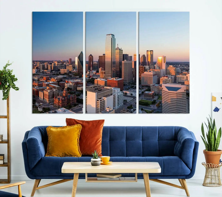 The Dallas City Lights Sunrise Skyline Cityscape View Wall Art Canvas Print enhances a modern living room.