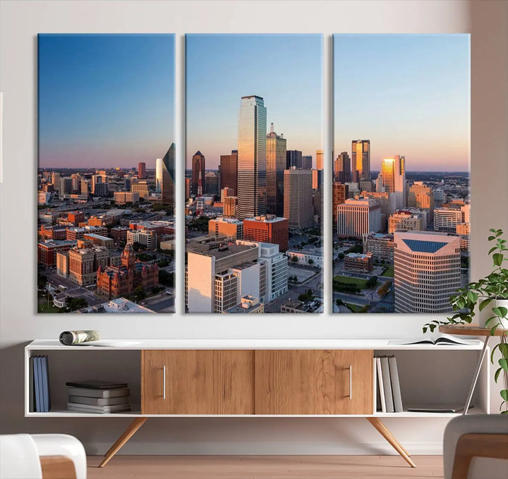 The Dallas City Lights Sunrise Skyline Cityscape View Wall Art Canvas Print enhances a modern living room.