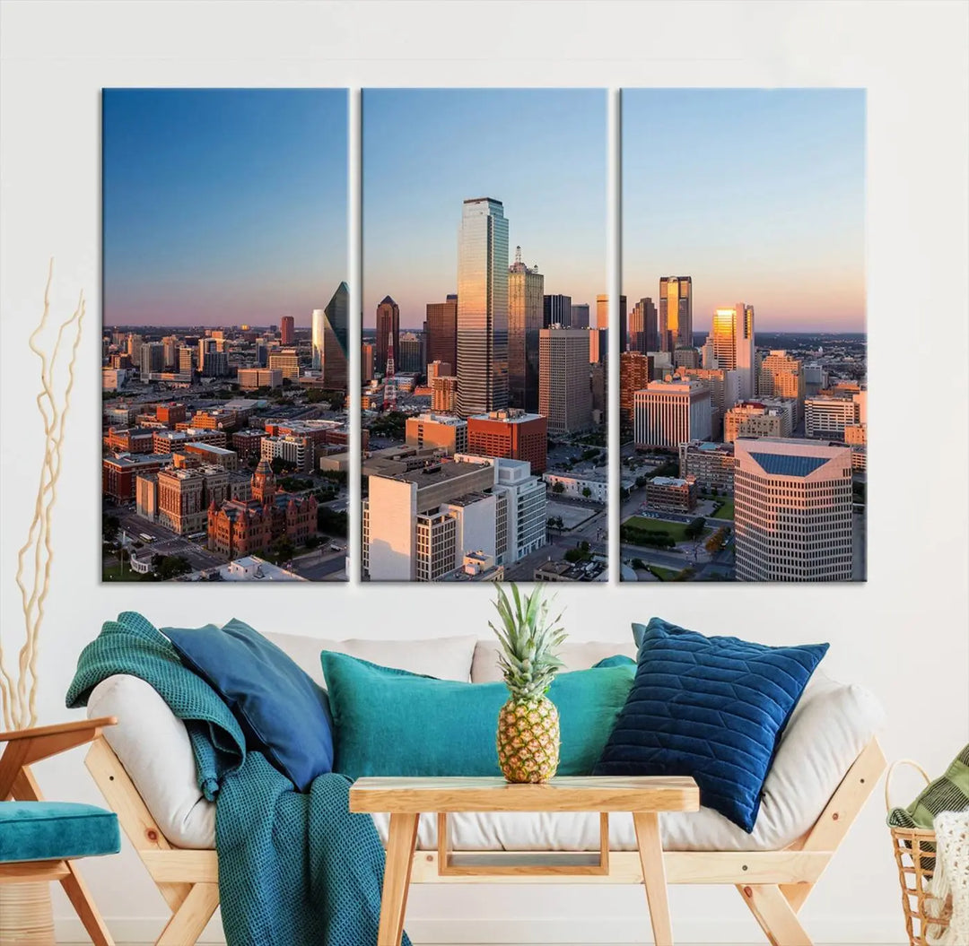 The Dallas City Lights Sunrise Skyline Cityscape View Wall Art Canvas Print enhances a modern living room.