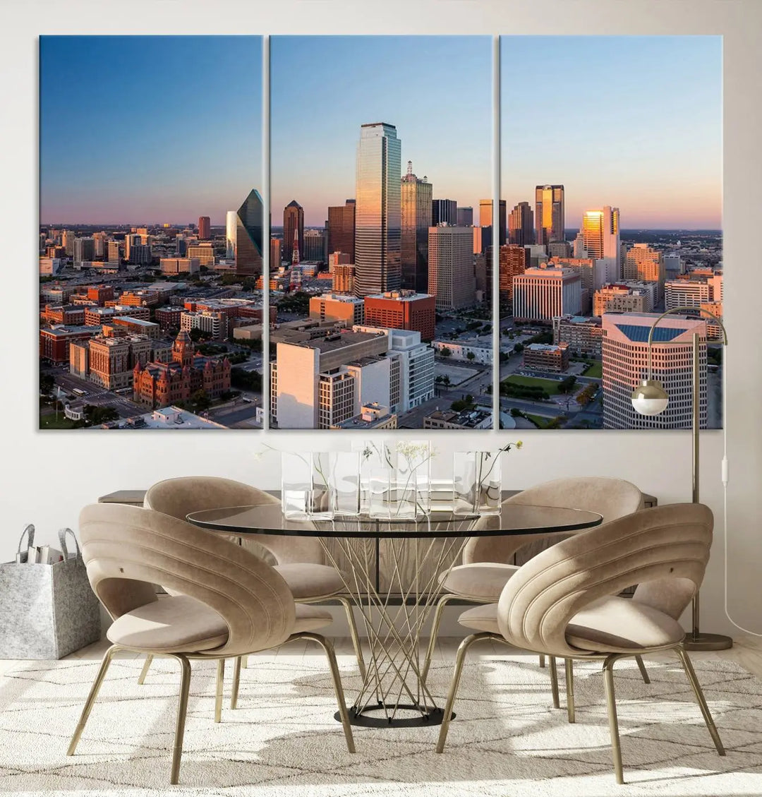 The Dallas City Lights Sunrise Skyline Cityscape View Wall Art Canvas Print enhances a modern living room.