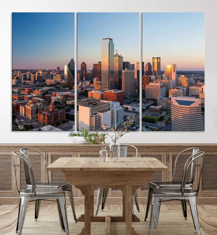 The Dallas City Lights Sunrise Skyline Cityscape View Wall Art Canvas Print enhances a modern living room.