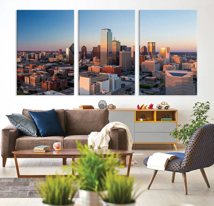 The Dallas City Lights Sunrise Skyline Cityscape View Wall Art Canvas Print enhances a modern living room.