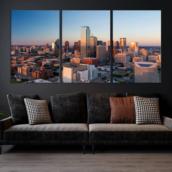 The Dallas City Lights Sunrise Skyline Cityscape View Wall Art Canvas Print enhances a modern living room.