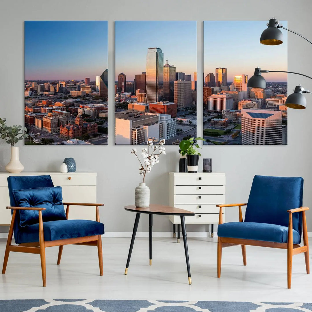 The Dallas City Lights Sunrise Skyline Cityscape View Wall Art Canvas Print enhances a modern living room.