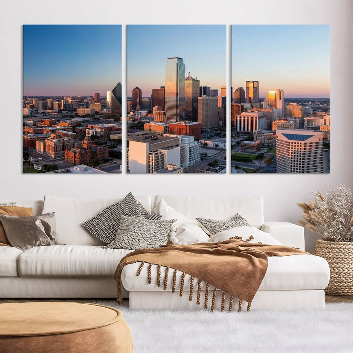 The Dallas City Lights Sunrise Skyline Cityscape View Wall Art Canvas Print enhances a modern living room.