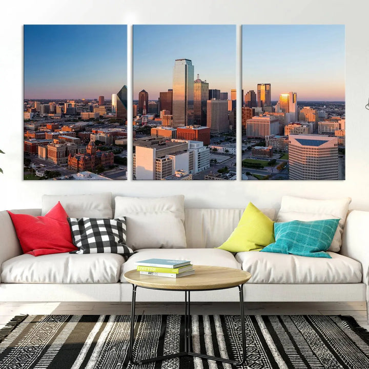 The Dallas City Lights Sunrise Skyline Cityscape View Wall Art Canvas Print enhances a modern living room.