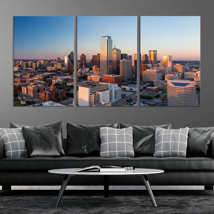 The Dallas City Lights Sunrise Skyline Cityscape View Wall Art Canvas Print enhances a modern living room.