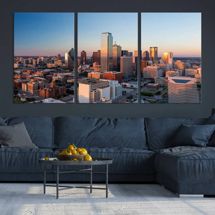 The Dallas City Lights Sunrise Skyline Cityscape View Wall Art Canvas Print enhances a modern living room.