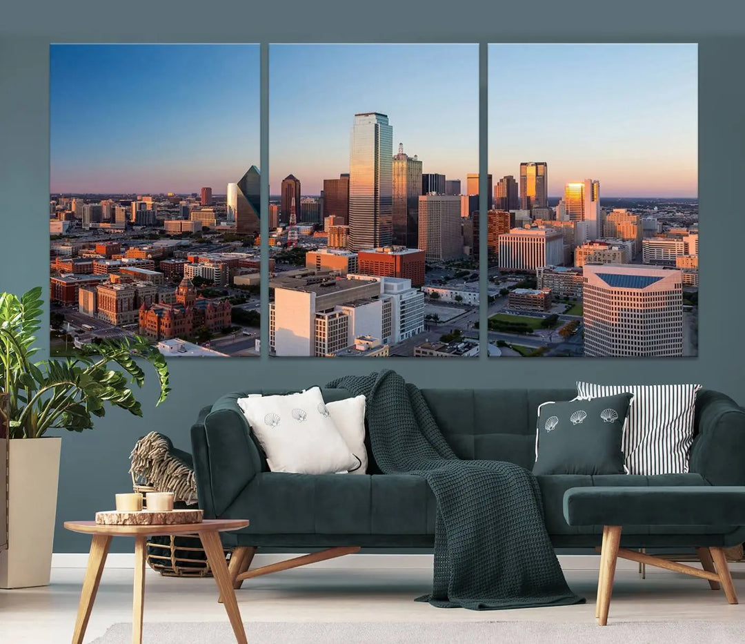 The Dallas City Lights Sunrise Skyline Cityscape View Wall Art Canvas Print enhances a modern living room.