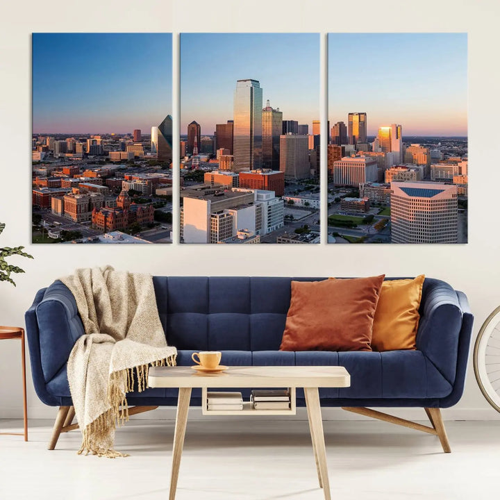 The Dallas City Lights Sunrise Skyline Cityscape View Wall Art Canvas Print enhances a modern living room.