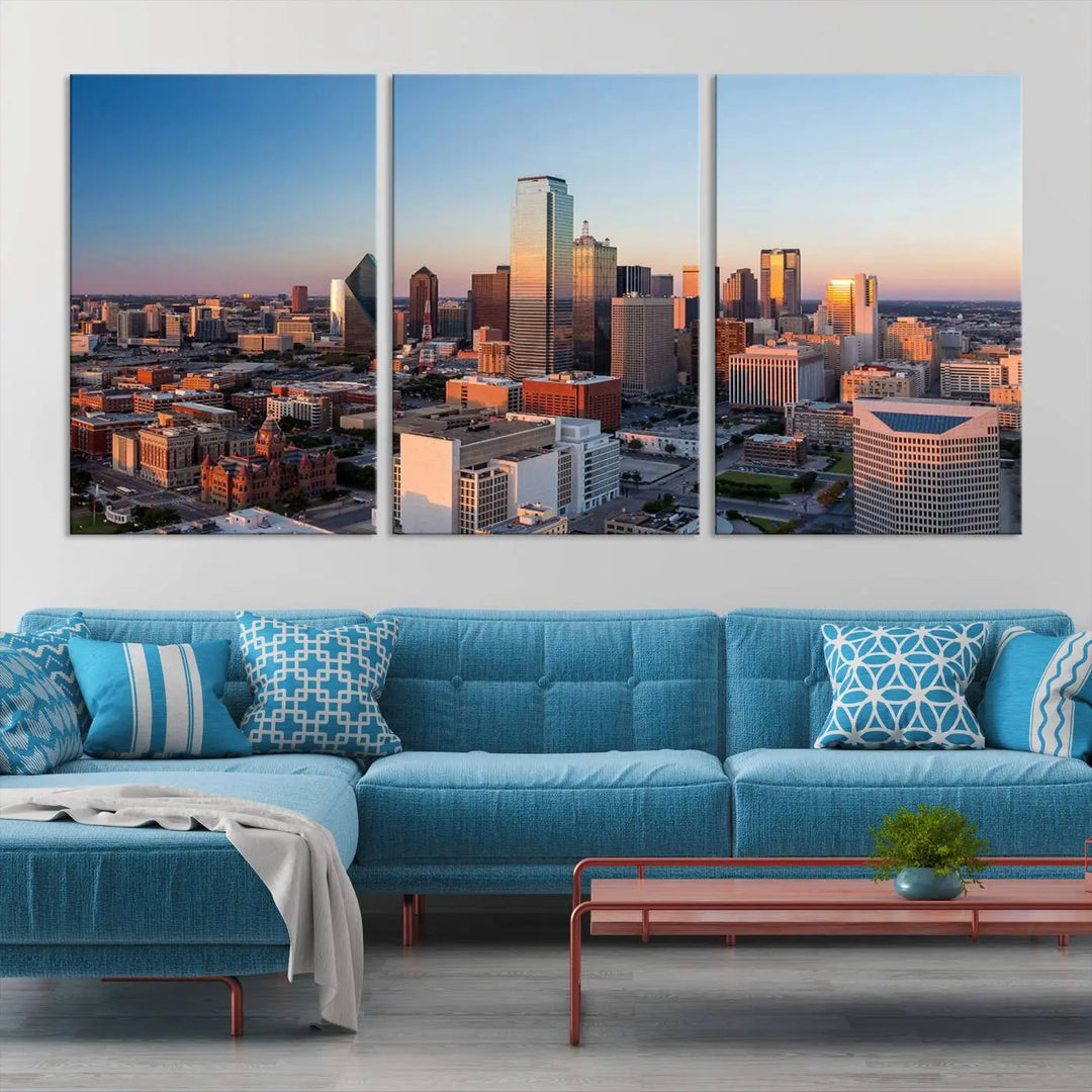 The Dallas City Lights Sunrise Skyline Cityscape View Wall Art Canvas Print enhances a modern living room.