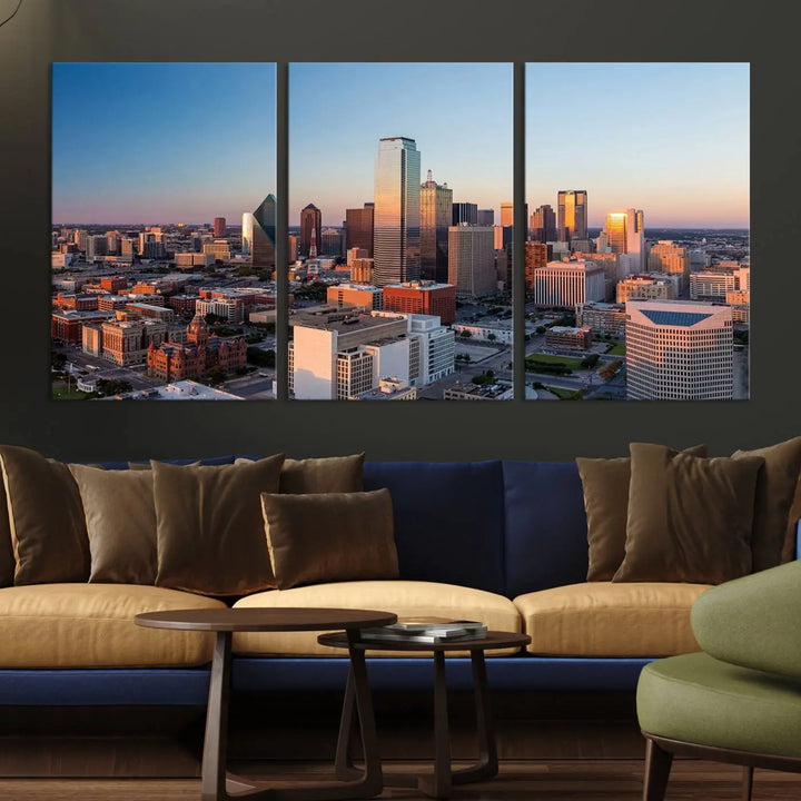 The Dallas City Lights Sunrise Skyline Cityscape View Wall Art Canvas Print enhances a modern living room.