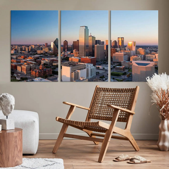 The Dallas City Lights Sunrise Skyline Cityscape View Wall Art Canvas Print enhances a modern living room.