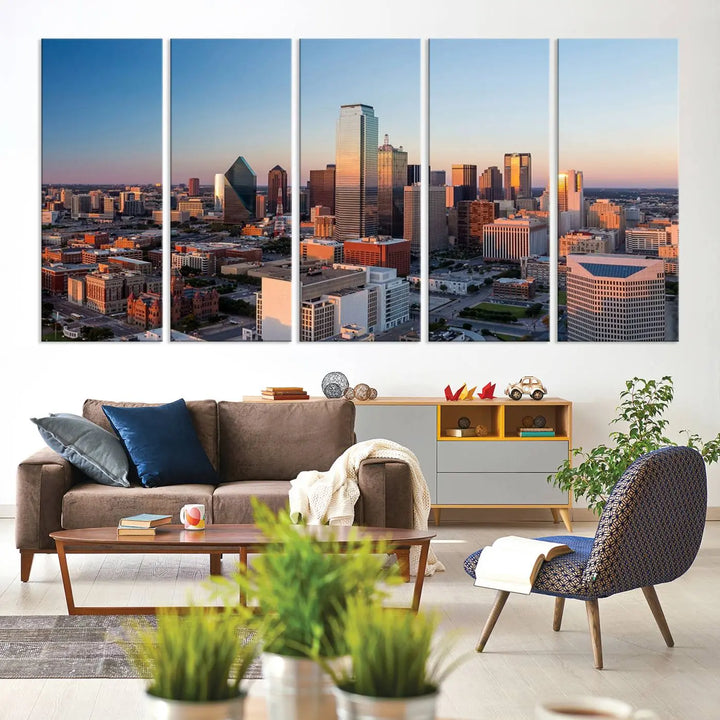 The Dallas City Lights Sunrise Skyline Cityscape View Wall Art Canvas Print enhances a modern living room.