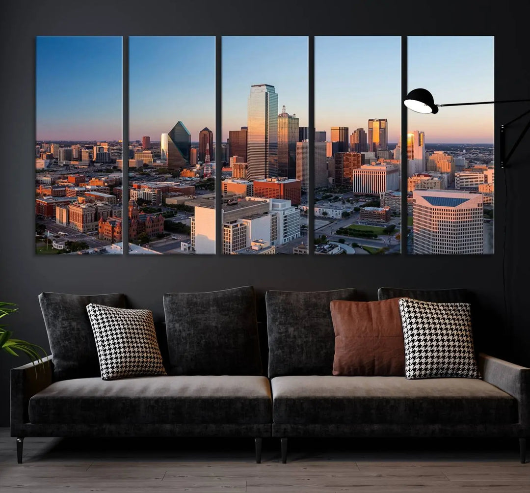 The Dallas City Lights Sunrise Skyline Cityscape View Wall Art Canvas Print enhances a modern living room.