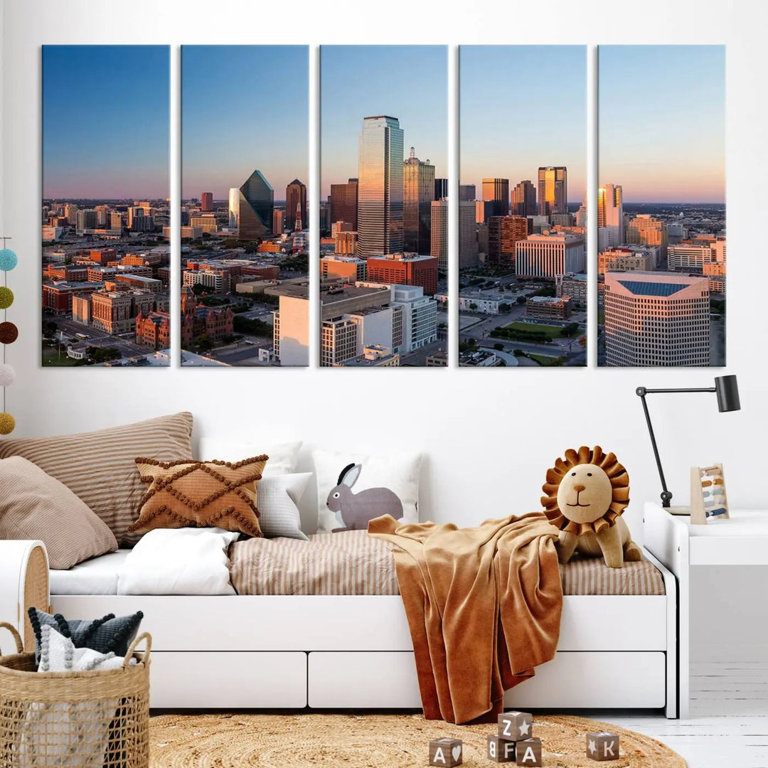 The Dallas City Lights Sunrise Skyline Cityscape View Wall Art Canvas Print enhances a modern living room.