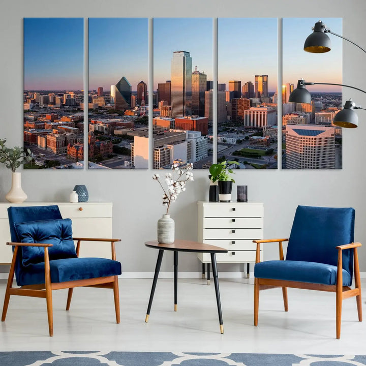 The Dallas City Lights Sunrise Skyline Cityscape View Wall Art Canvas Print enhances a modern living room.