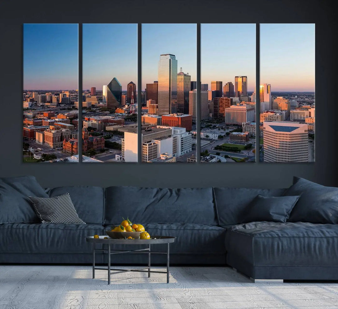 The Dallas City Lights Sunrise Skyline Cityscape View Wall Art Canvas Print enhances a modern living room.