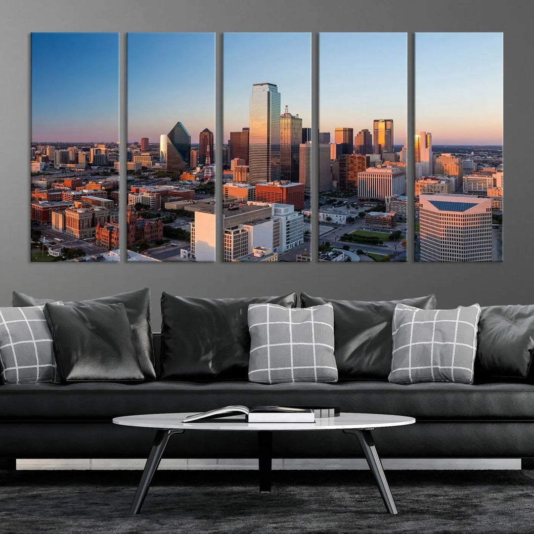 The Dallas City Lights Sunrise Skyline Cityscape View Wall Art Canvas Print enhances a modern living room.