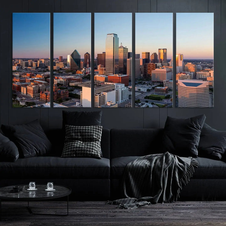 The Dallas City Lights Sunrise Skyline Cityscape View Wall Art Canvas Print enhances a modern living room.