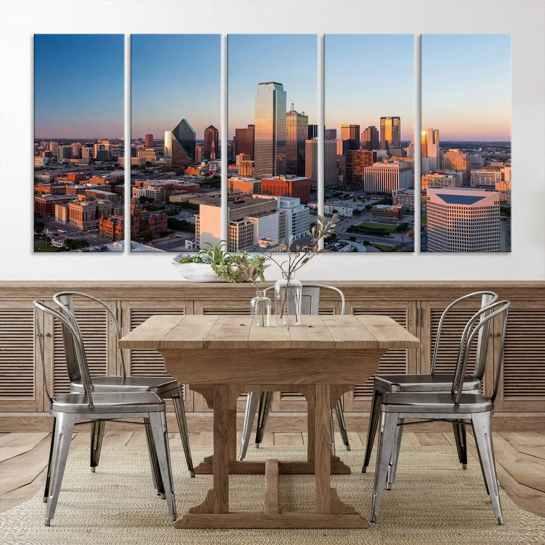 The Dallas City Lights Sunrise Skyline Cityscape View Wall Art Canvas Print enhances a modern living room.