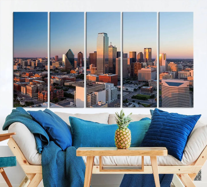 The Dallas City Lights Sunrise Skyline Cityscape View Wall Art Canvas Print enhances a modern living room.