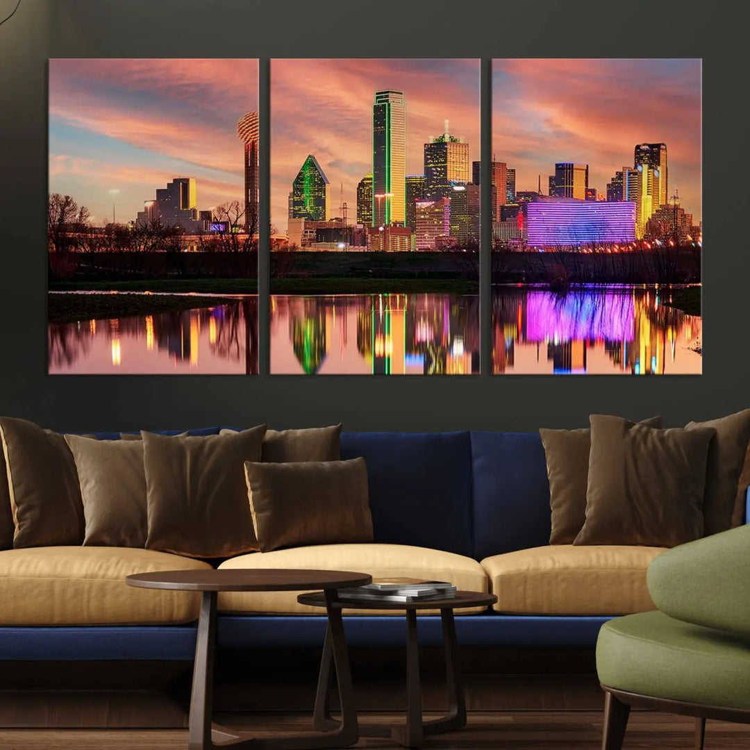 A three-panel wall art titled "Dallas City Lights Sunset Colorful Cloudy Skyline Cityscape View," featuring a city skyline at sunset reflecting on water, crafted on museum-quality canvases.