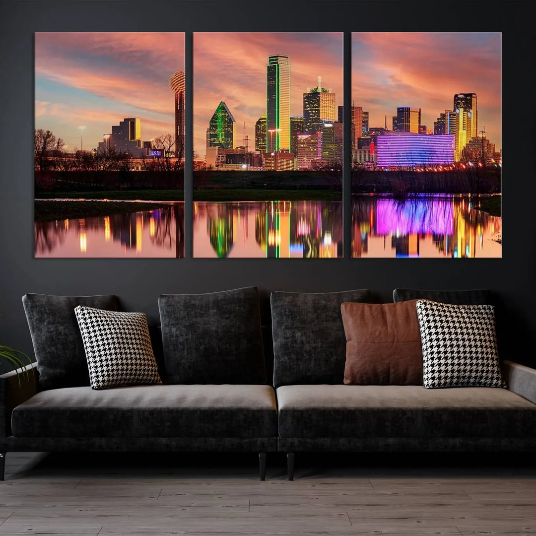 A three-panel wall art titled "Dallas City Lights Sunset Colorful Cloudy Skyline Cityscape View," featuring a city skyline at sunset reflecting on water, crafted on museum-quality canvases.