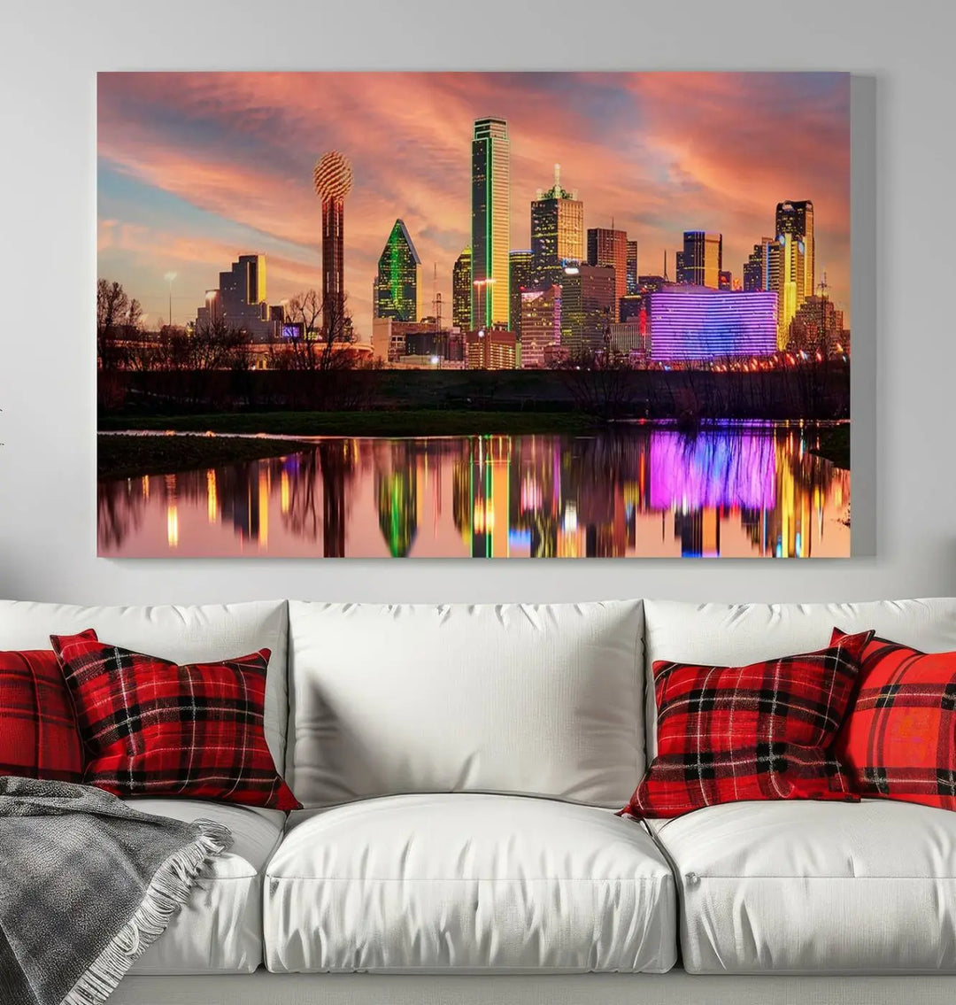 A three-panel wall art titled "Dallas City Lights Sunset Colorful Cloudy Skyline Cityscape View," featuring a city skyline at sunset reflecting on water, crafted on museum-quality canvases.