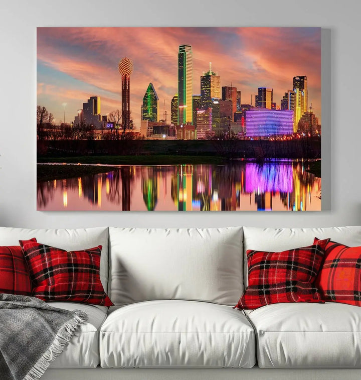 A three-panel wall art titled "Dallas City Lights Sunset Colorful Cloudy Skyline Cityscape View," featuring a city skyline at sunset reflecting on water, crafted on museum-quality canvases.