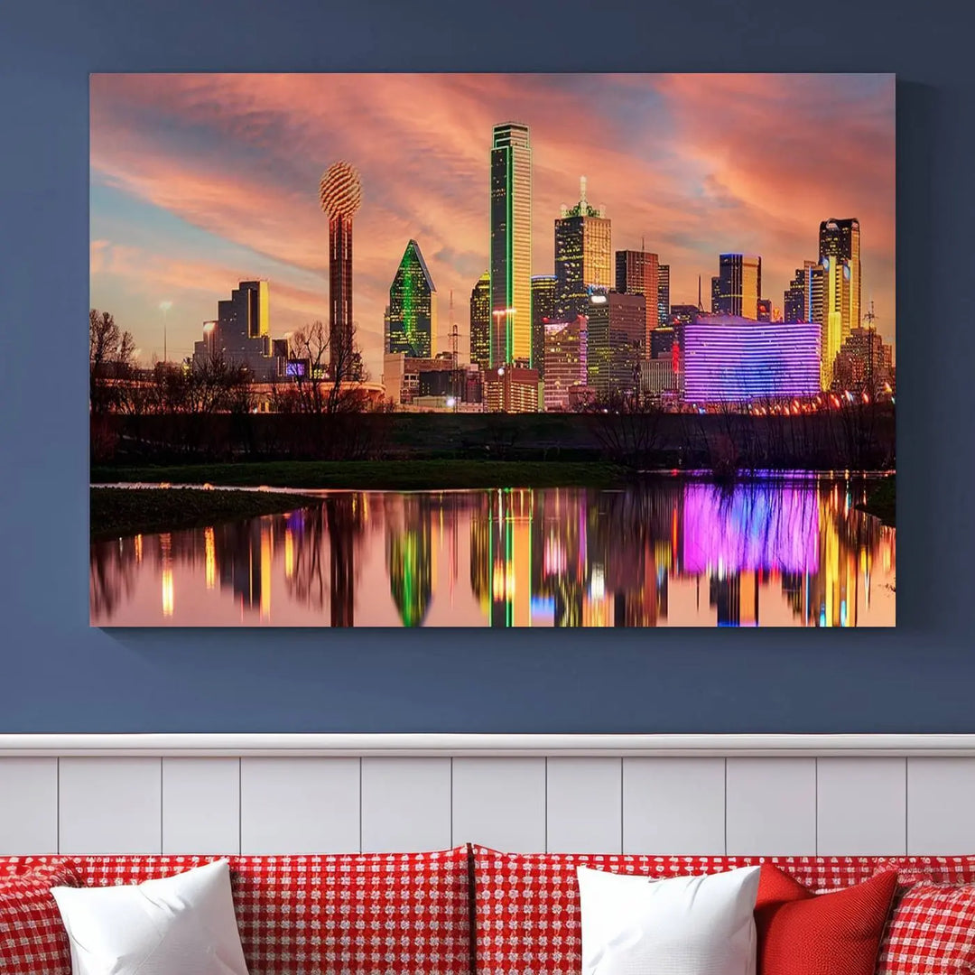 A three-panel wall art titled "Dallas City Lights Sunset Colorful Cloudy Skyline Cityscape View," featuring a city skyline at sunset reflecting on water, crafted on museum-quality canvases.