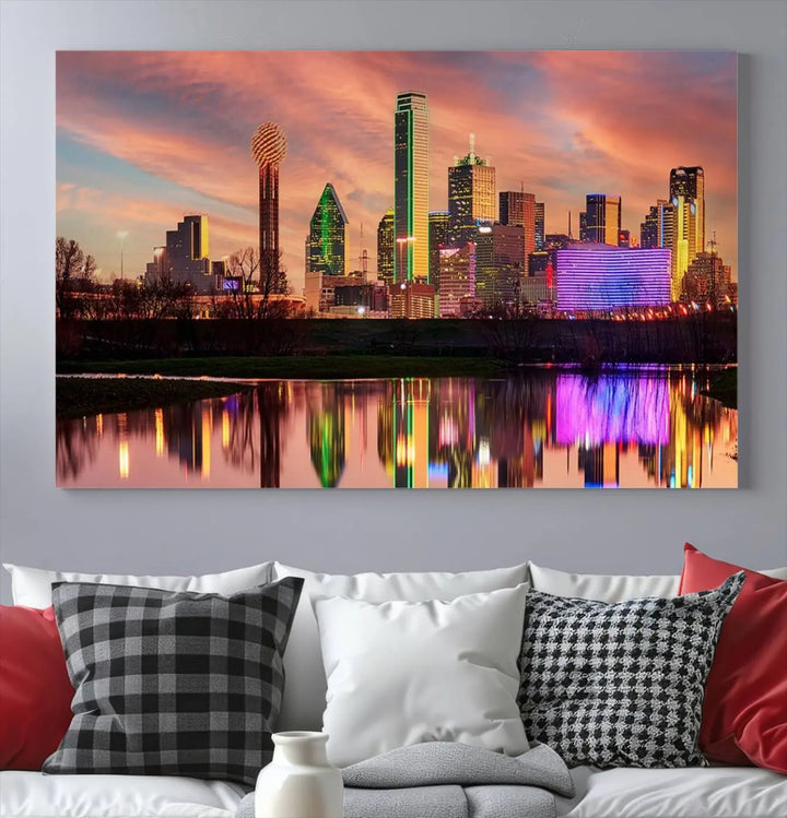 A three-panel wall art titled "Dallas City Lights Sunset Colorful Cloudy Skyline Cityscape View," featuring a city skyline at sunset reflecting on water, crafted on museum-quality canvases.