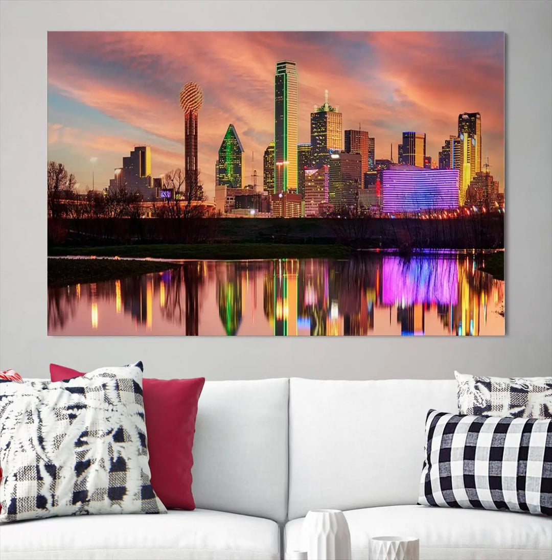 A three-panel wall art titled "Dallas City Lights Sunset Colorful Cloudy Skyline Cityscape View," featuring a city skyline at sunset reflecting on water, crafted on museum-quality canvases.