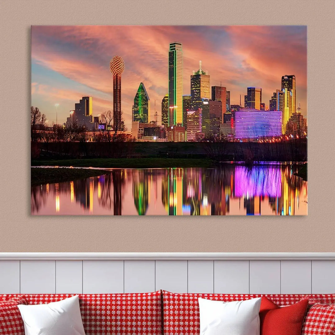 A three-panel wall art titled "Dallas City Lights Sunset Colorful Cloudy Skyline Cityscape View," featuring a city skyline at sunset reflecting on water, crafted on museum-quality canvases.