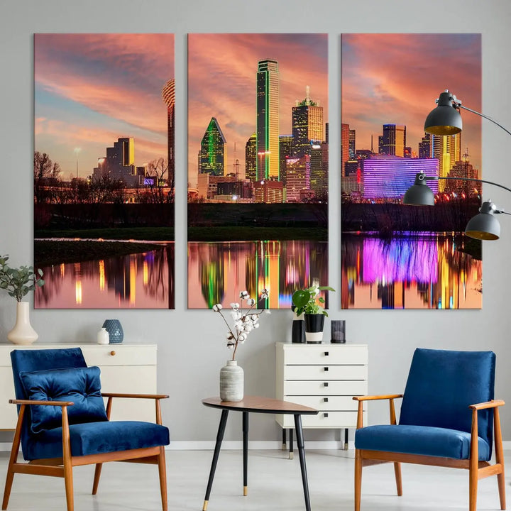 A three-panel wall art titled "Dallas City Lights Sunset Colorful Cloudy Skyline Cityscape View," featuring a city skyline at sunset reflecting on water, crafted on museum-quality canvases.