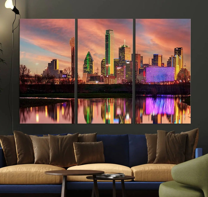 A three-panel wall art titled "Dallas City Lights Sunset Colorful Cloudy Skyline Cityscape View," featuring a city skyline at sunset reflecting on water, crafted on museum-quality canvases.