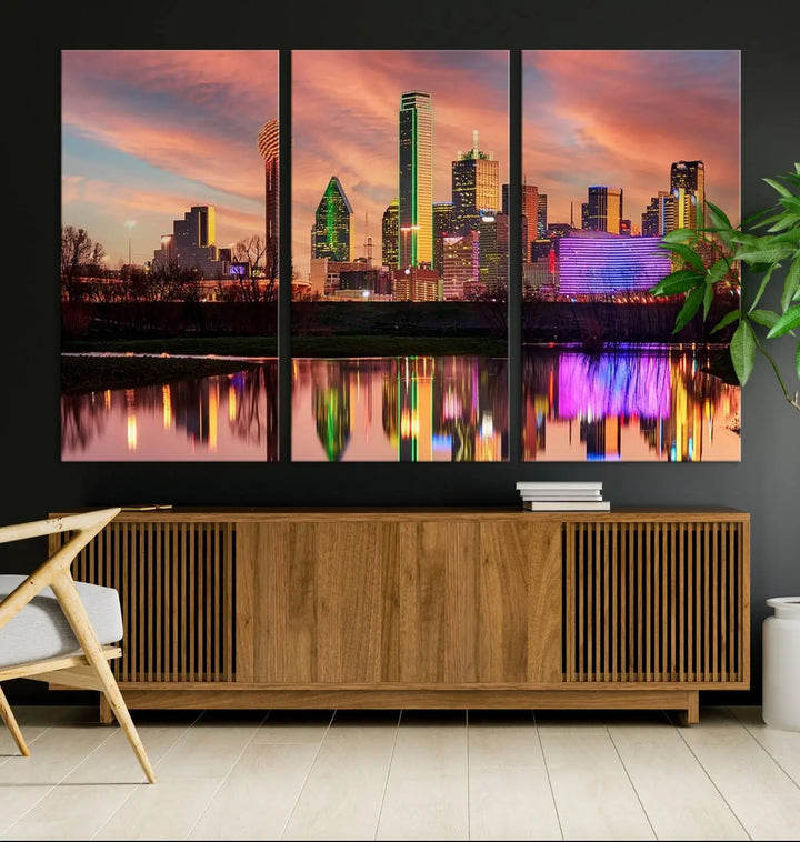 A three-panel wall art titled "Dallas City Lights Sunset Colorful Cloudy Skyline Cityscape View," featuring a city skyline at sunset reflecting on water, crafted on museum-quality canvases.