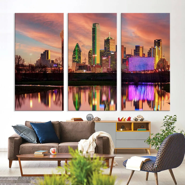 A three-panel wall art titled "Dallas City Lights Sunset Colorful Cloudy Skyline Cityscape View," featuring a city skyline at sunset reflecting on water, crafted on museum-quality canvases.