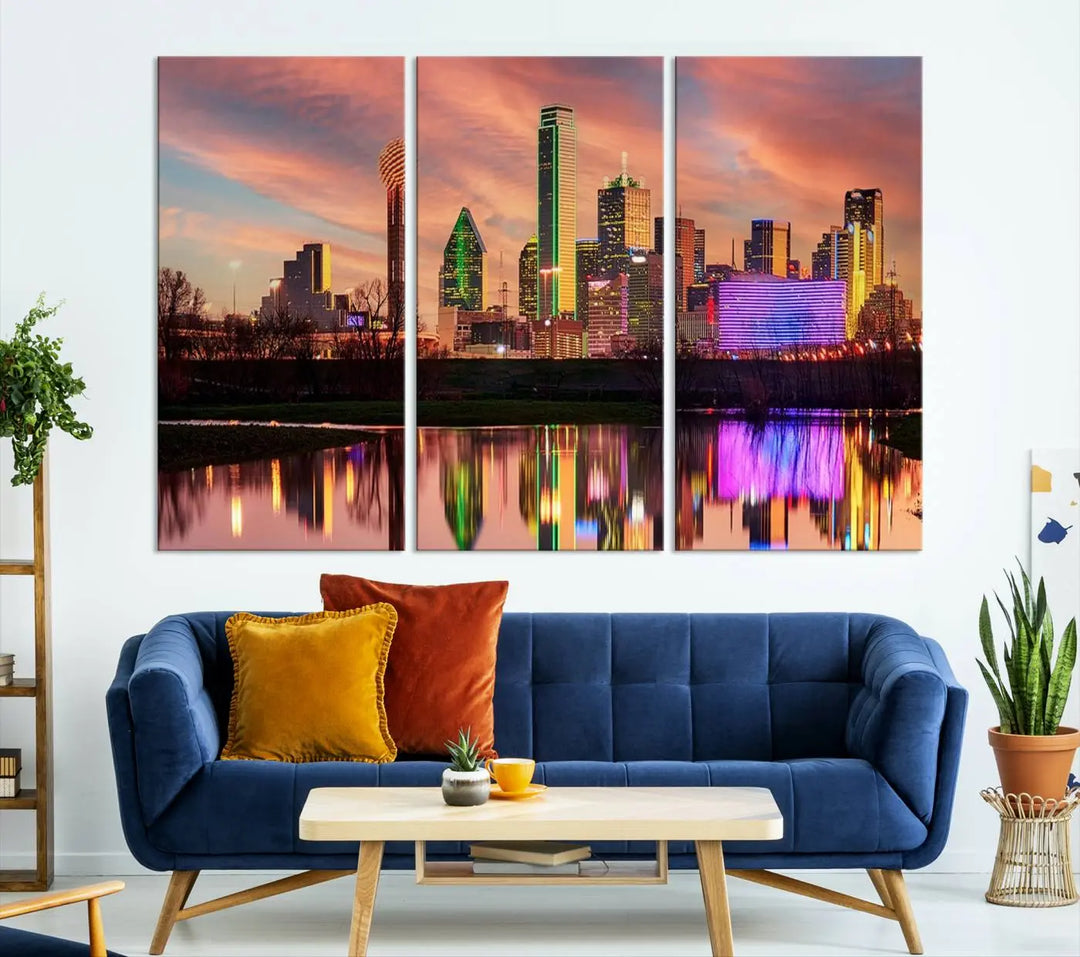 A three-panel wall art titled "Dallas City Lights Sunset Colorful Cloudy Skyline Cityscape View," featuring a city skyline at sunset reflecting on water, crafted on museum-quality canvases.