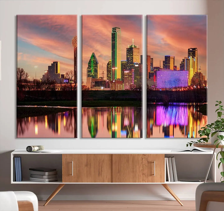 A three-panel wall art titled "Dallas City Lights Sunset Colorful Cloudy Skyline Cityscape View," featuring a city skyline at sunset reflecting on water, crafted on museum-quality canvases.